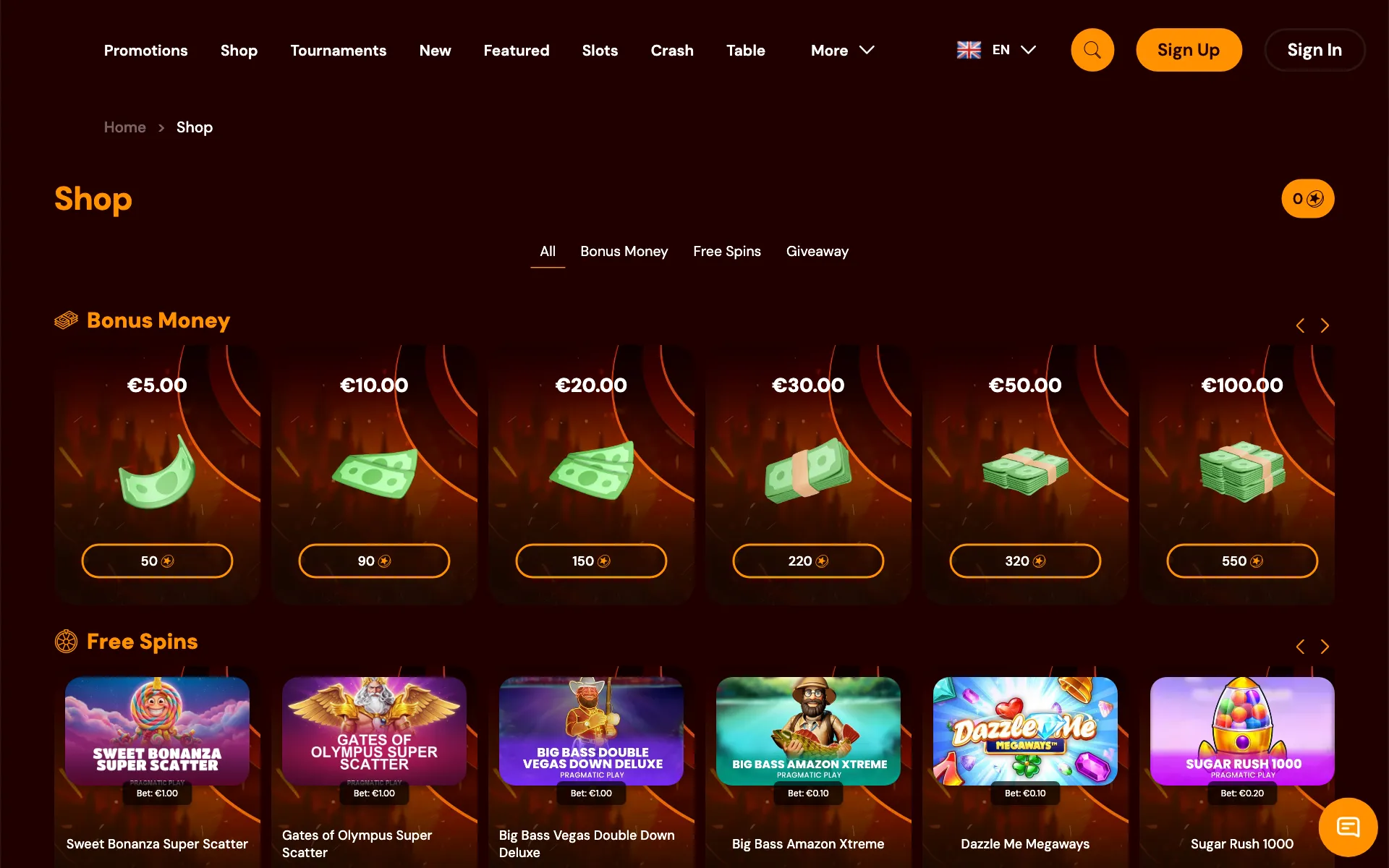 Spins Castle Shop with bonus money and free spins for coins