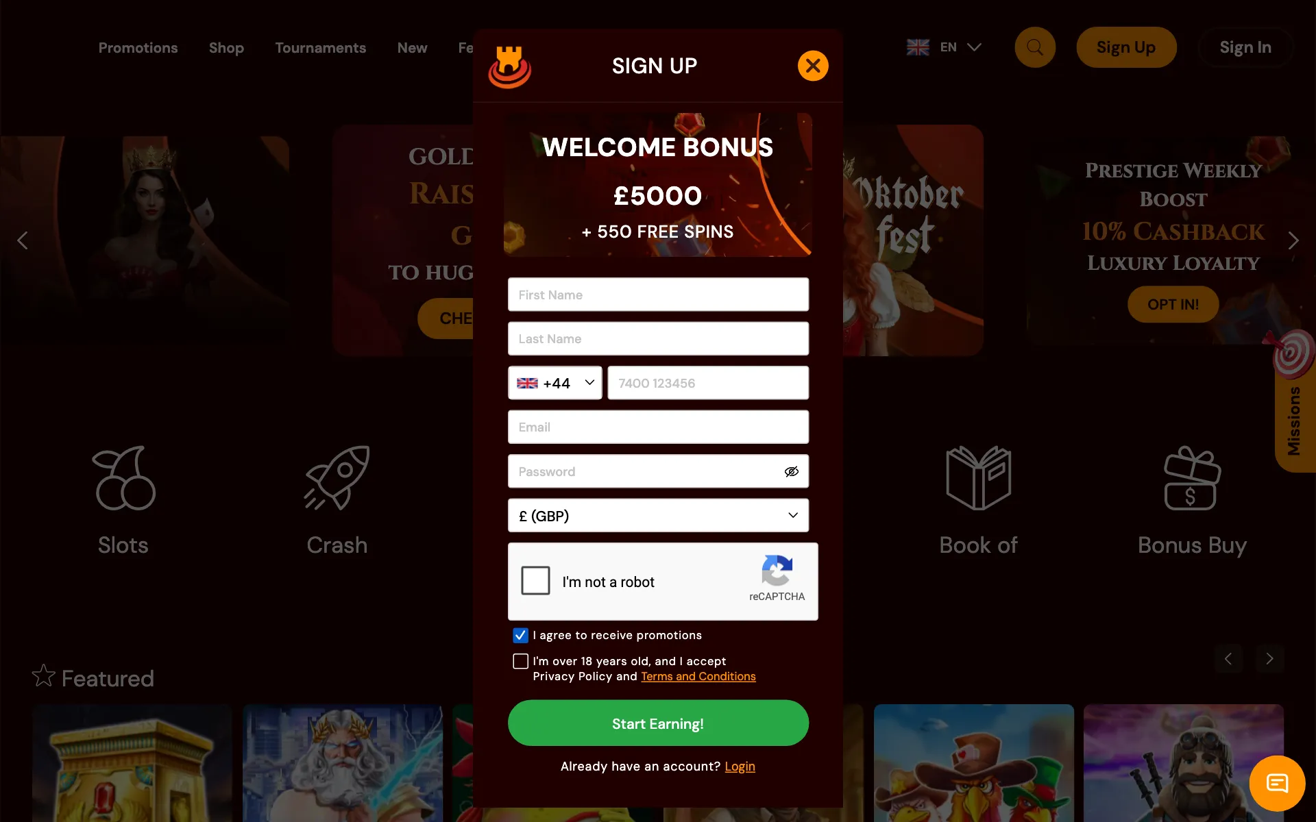 Spins Castle sign-up form
